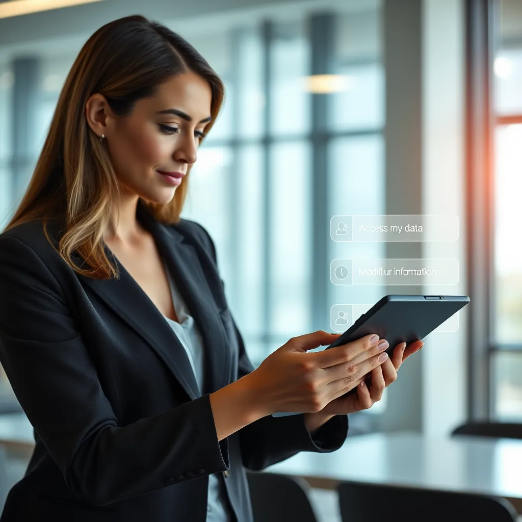A hand holding a smartphone displaying a website with a clear and concise privacy policy statement. In the background, a user interface shows an interactive consent form with checkboxes, sliders, and clear explanations. The image emphasizes the importance of user control and understanding.