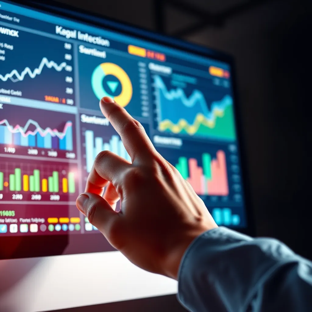 A close-up of a hand interacting with a computer screen displaying data dashboards and charts. The image should highlight key performance indicators (KPIs) and emphasize the use of data-driven decision-making in digital marketing.