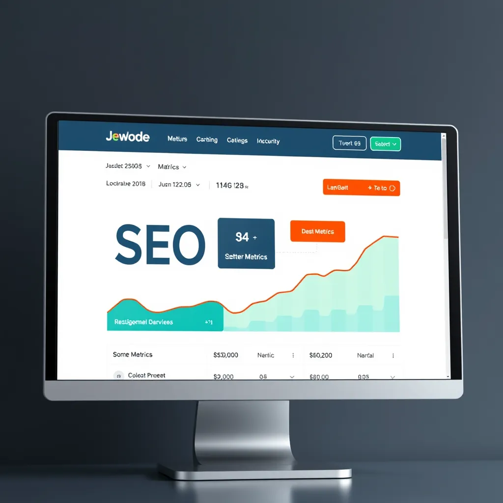 A website dashboard displaying analytics data and keywords, highlighting the integration of SEO elements within the website's structure and content. The design should showcase relevant keywords, meta descriptions, and optimized image alt text.