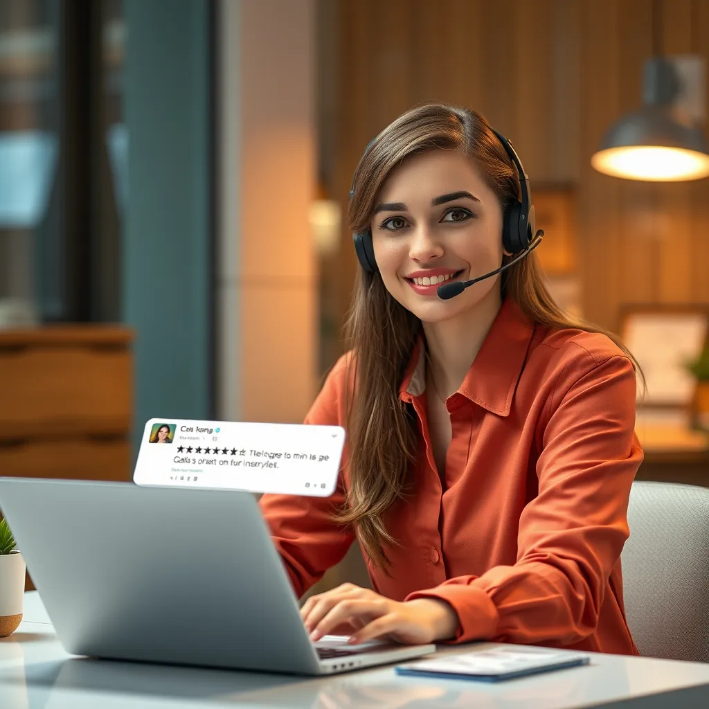 A customer service representative sitting at a desk with a laptop, responding to a negative review on a website. The representative has a calm and understanding expression, showcasing a positive and professional approach to customer feedback.