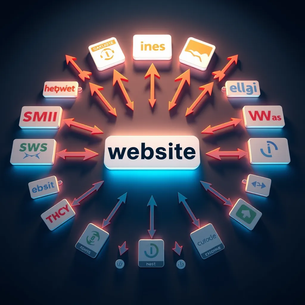 A diagram showing a website at the center, surrounded by various external websites with arrows pointing towards it. Each arrow represents a backlink, and the websites are depicted in different sizes and colors to represent their authority and relevance.