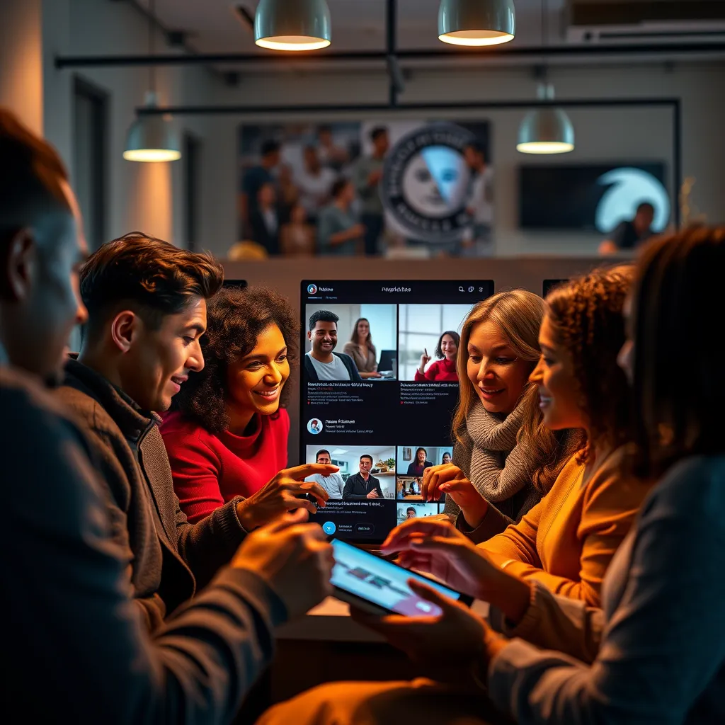 A diverse group of people interacting with a company's social media posts, website, and video content. The image should convey a sense of community, trust, and engagement, highlighting the positive relationships between the brand and its customers.