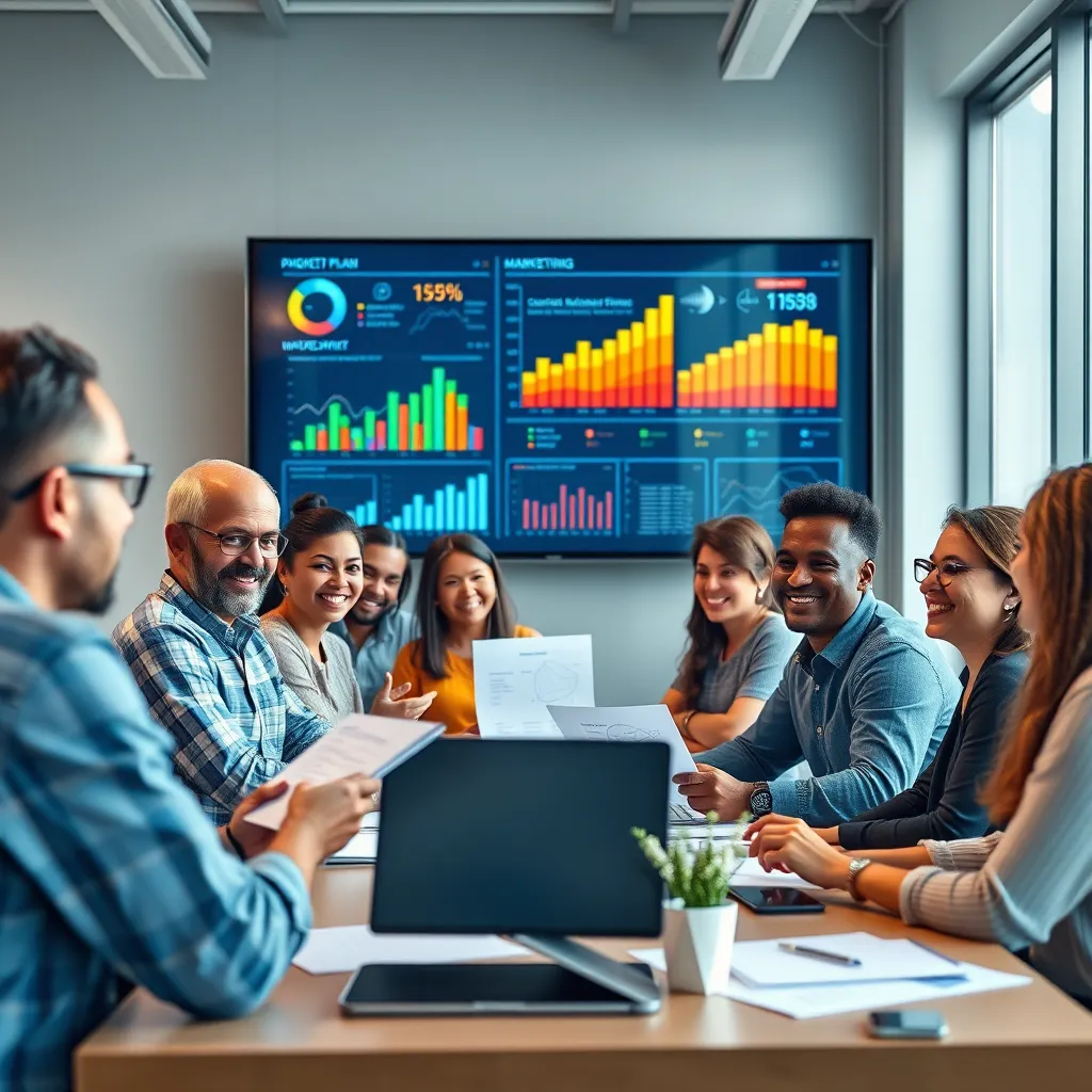 A group of diverse people in a modern office setting, working collaboratively on a digital marketing plan, with graphs, charts, and data visualizations on a large screen in the background. The atmosphere should be positive and energetic, conveying a sense of innovation and strategic planning.