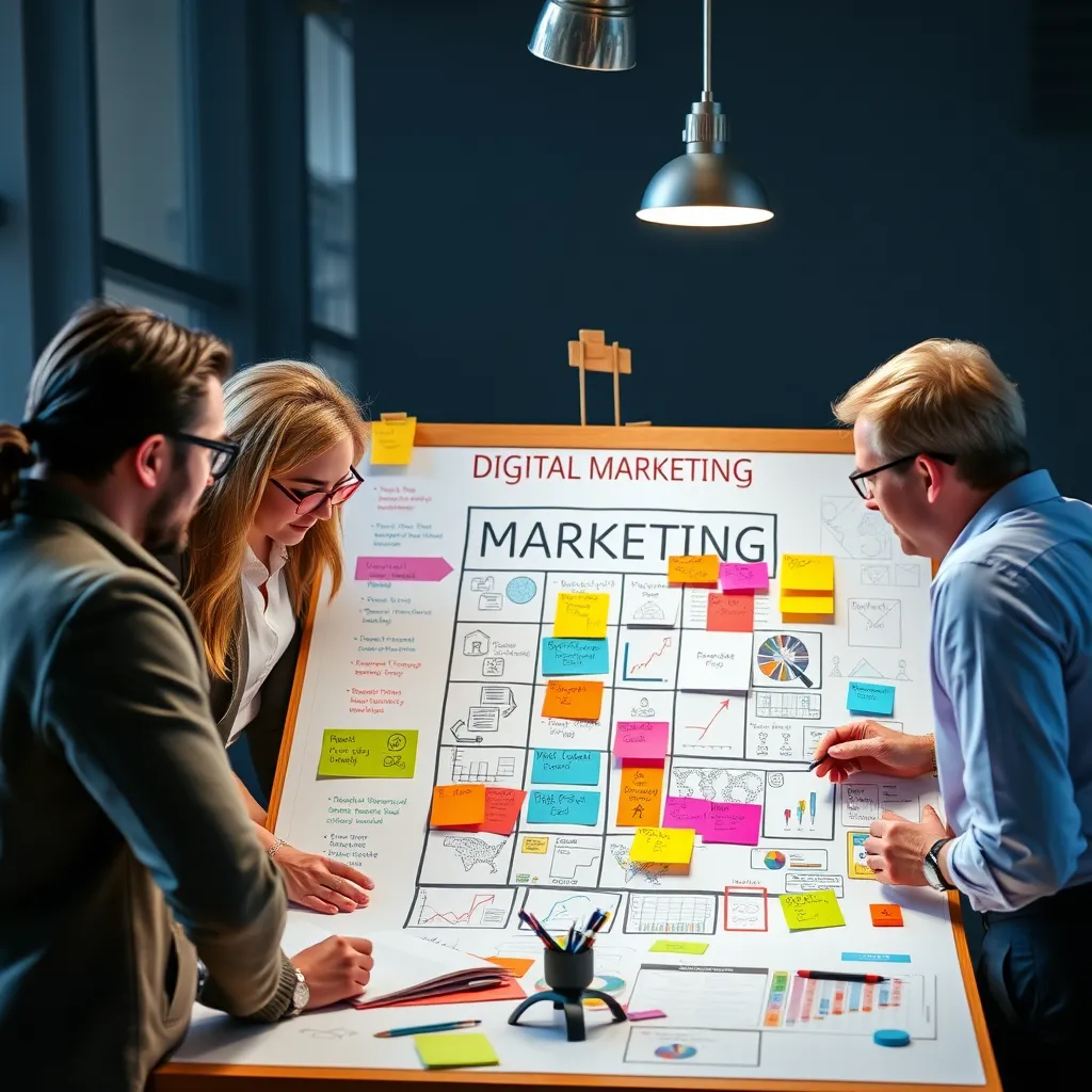 A group of diverse professionals, each representing a different digital marketing aspect, working together collaboratively around a large digital marketing strategy board. The board is filled with colorful notes, charts, and diagrams. The image should have a modern, vibrant, and dynamic feel.