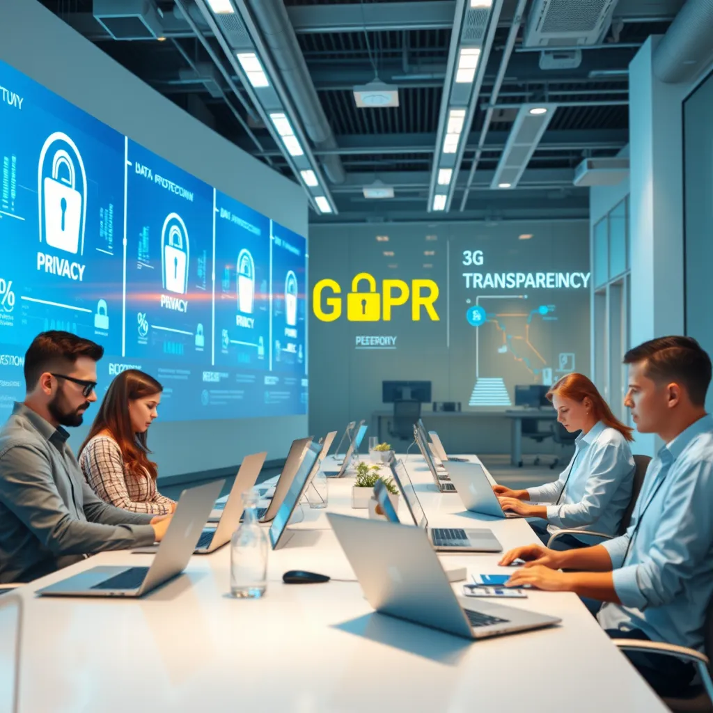 A modern office interior with a team of people working on laptops, surrounded by digital displays showcasing data protection principles like privacy, security, and transparency. The scene is bright and professional, emphasizing a proactive approach to GDPR compliance.