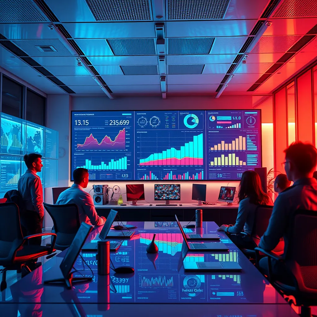 A modern office space with a team of professionals analyzing data on a large screen, showing charts and graphs. The image should have a futuristic feel with vibrant colors and a sense of innovation.