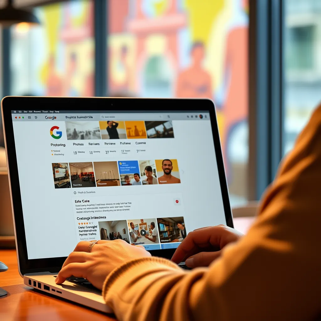 A person is looking at a Google Business Profile page on their laptop, with a bright and colorful background, showcasing photos, videos, reviews, and customer interactions. The person has a happy expression on their face, indicating positive engagement with the business.