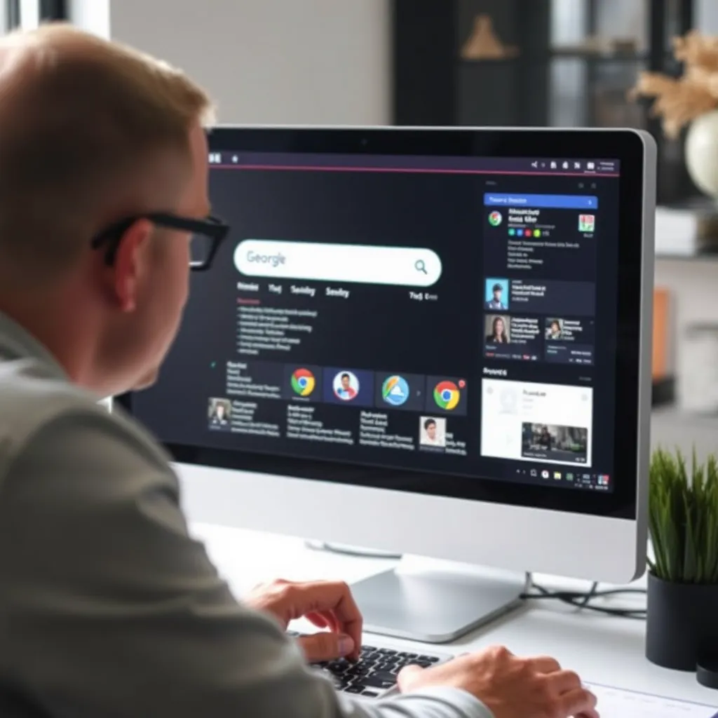 A close-up shot of a person typing keywords into a computer, with a large magnifying glass icon hovering over the screen, highlighting the keywords in bold. The background shows a list of search results with the website appearing at the top.