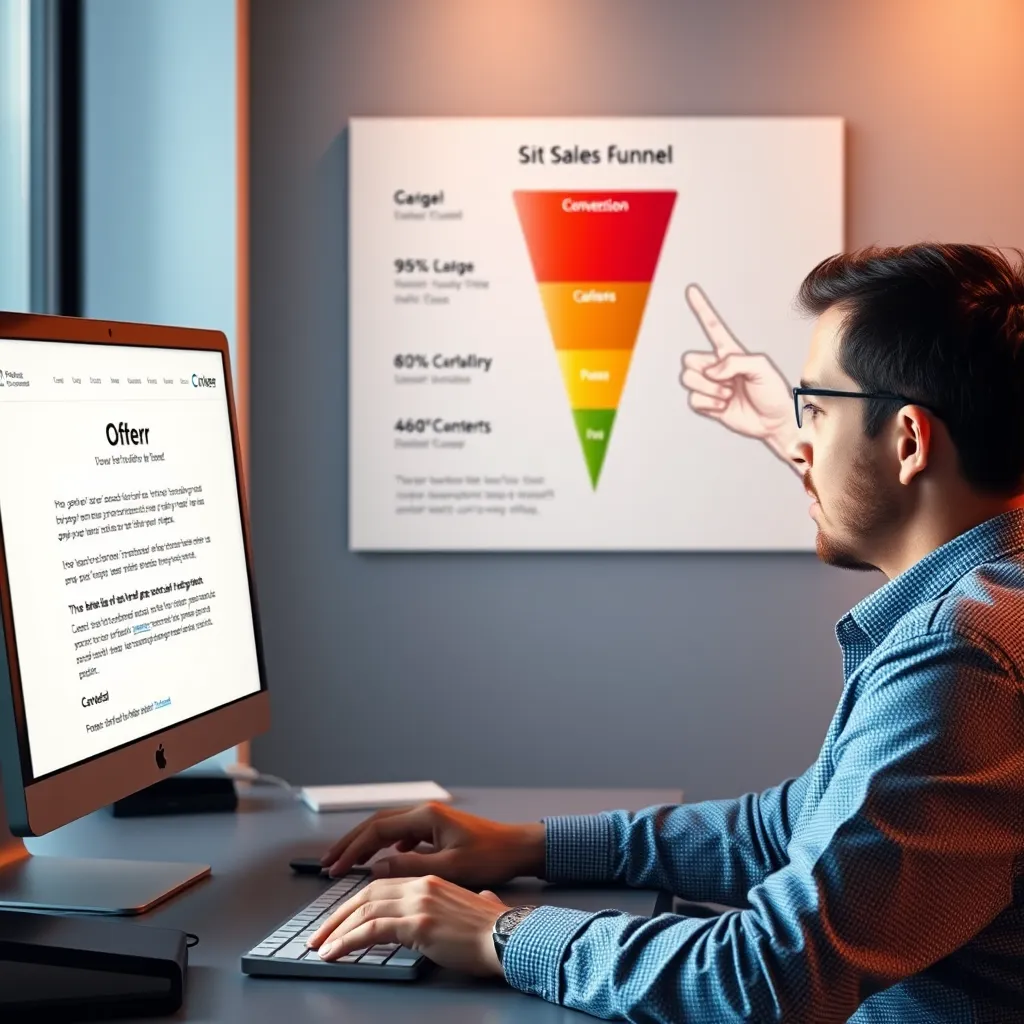 A person sitting at their computer, reading a personalized email with a compelling offer, with a chart in the background visualizing the stages of a sales funnel and a hand pointing to the conversion stage.