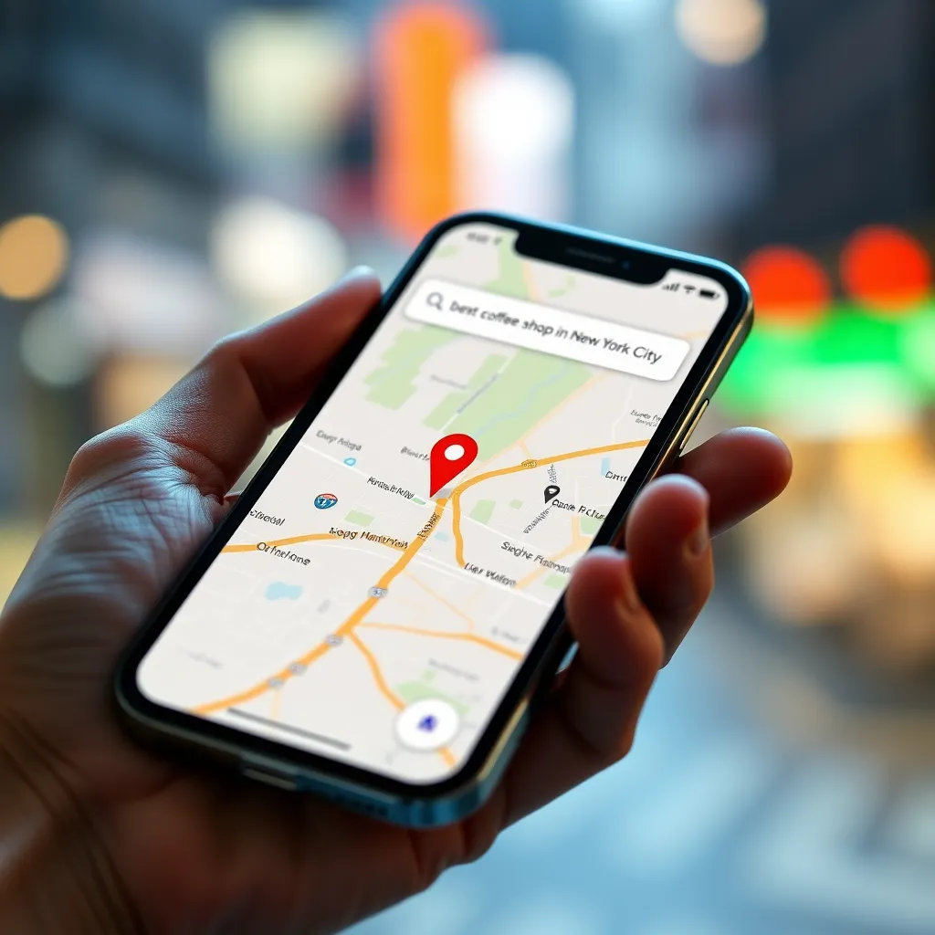 A phone screen showing a map with a business pin in the center. The map is zoomed in, and the pin has a red arrow pointing at it. Above the map, a search bar shows a search query like 'best coffee shop in New York City'. The screen is brightly lit, and the phone is being held by a person's hand with a blurred background.