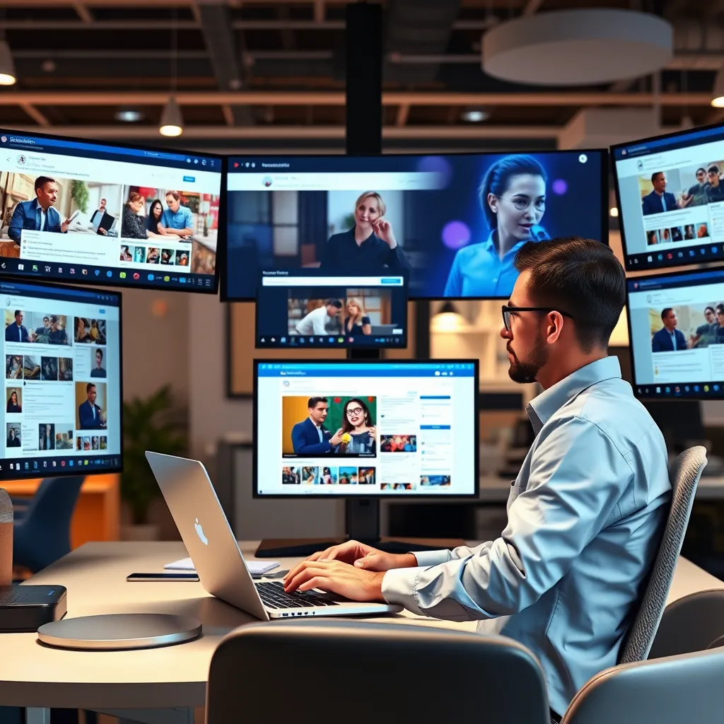 A photorealistic image of a social media manager working on a laptop, surrounded by multiple screens displaying different social media platforms. The screens show engaging content like videos, images, and interactive polls. The background is a modern office with a vibrant, creative atmosphere.