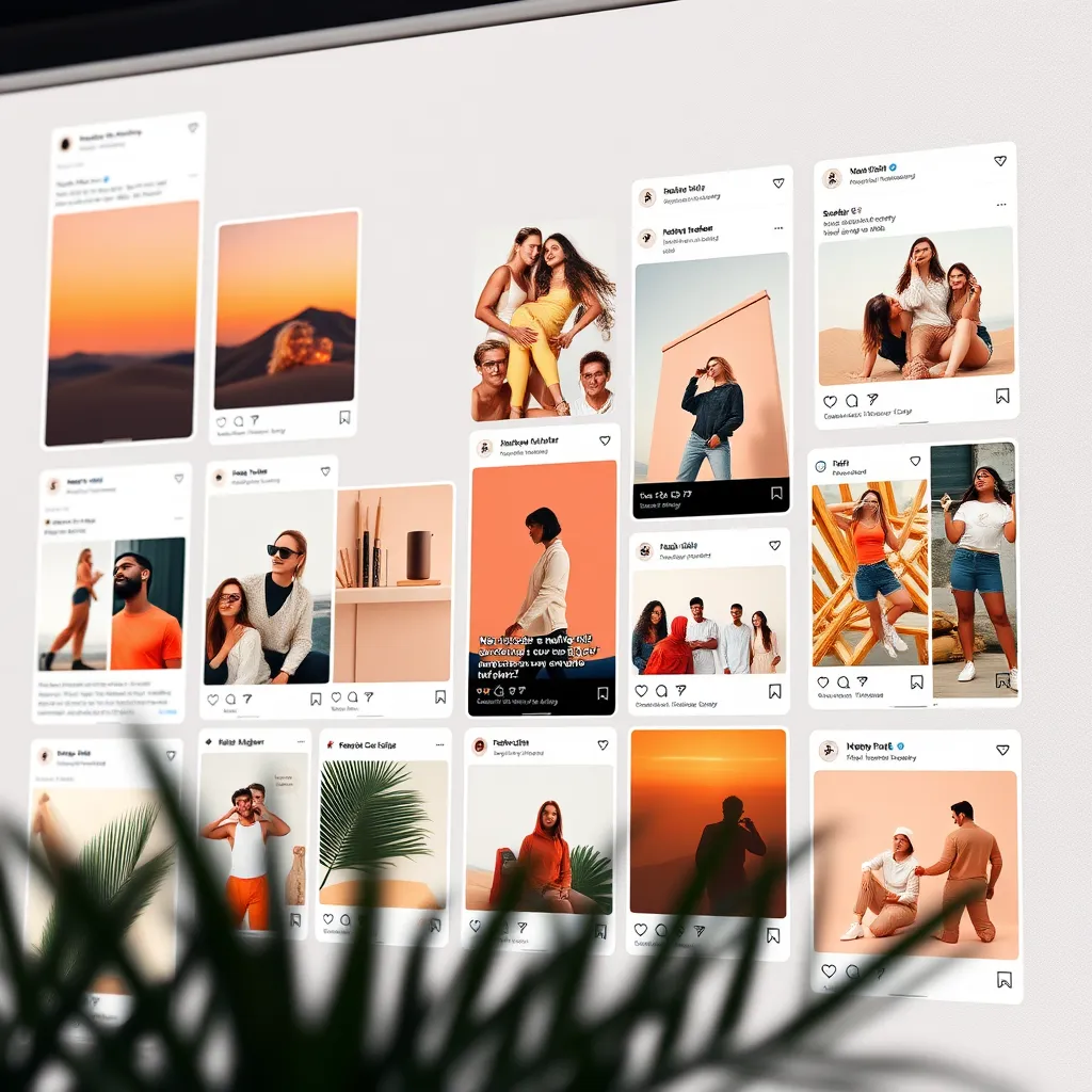 A photorealistic image showcasing a brand's social media story. The image features a series of posts and stories that tell a cohesive narrative, visually representing the brand's mission, values, and personality. The image should highlight the brand's aesthetics and design style, creating a visually appealing and impactful story.