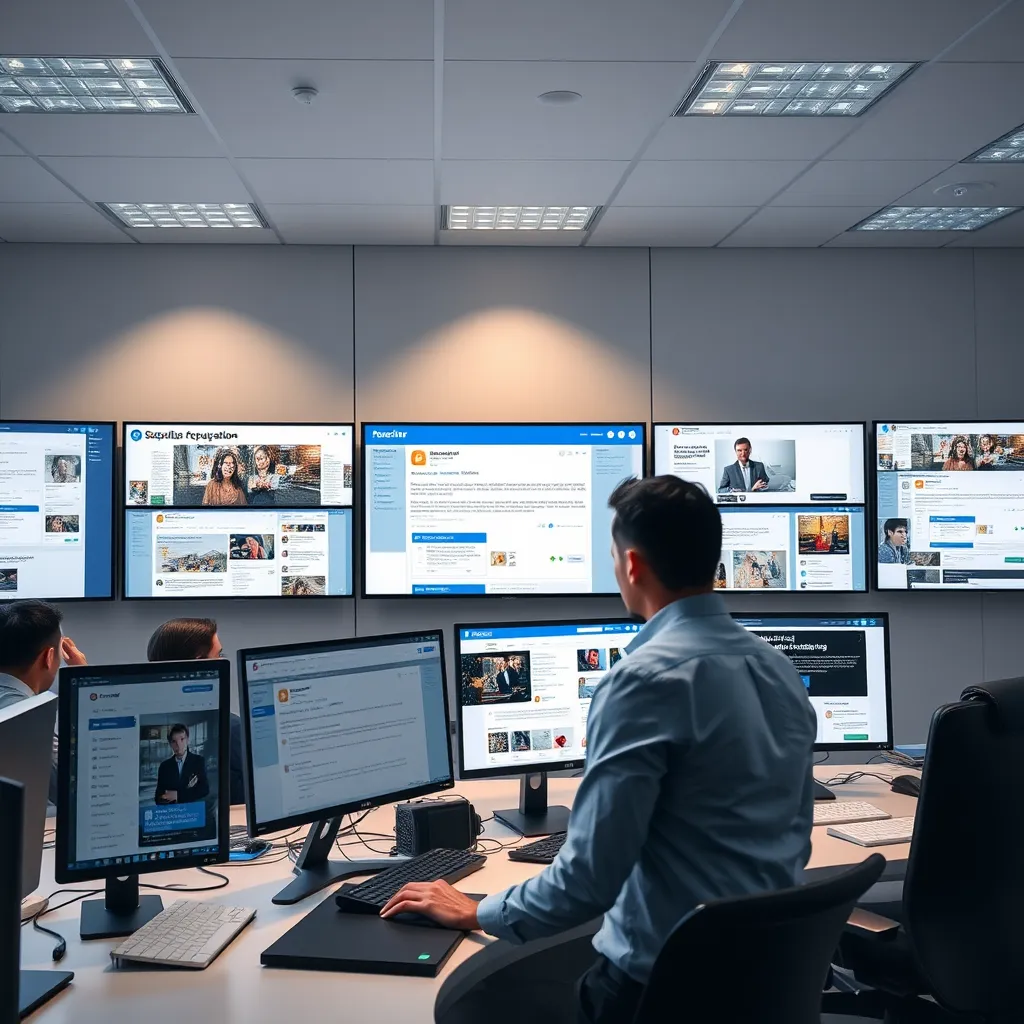 A sleek, modern office with a team of professionals monitoring multiple computer screens displaying social media feeds, news articles, and review websites. The overall tone should be focused and professional, conveying the importance of proactive reputation management.