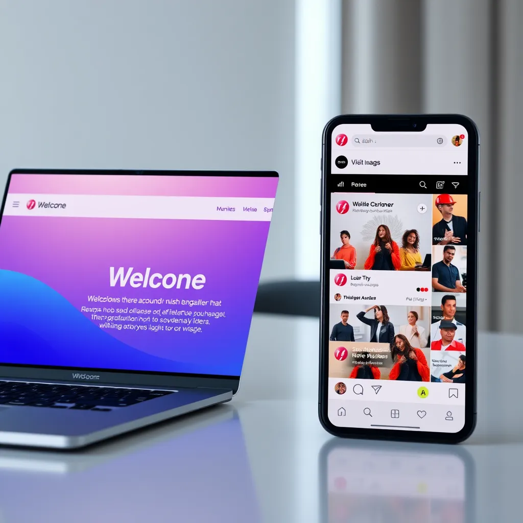 A split-screen image showing a website on one side and a social media feed on the other, both featuring the same brand colors, logo, and tone of voice. The image should be clean and visually appealing, highlighting the seamless integration of different platforms.