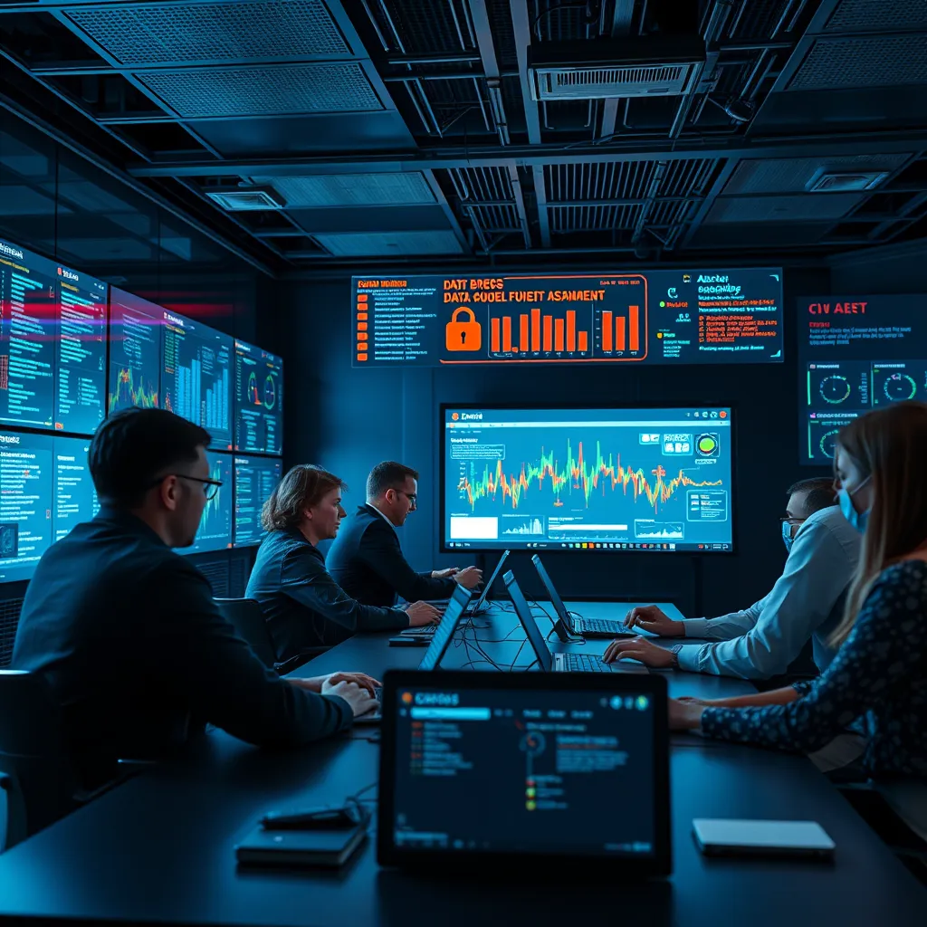 A team of professionals in a crisis management center, working diligently on laptops and digital screens. The scene depicts a simulated data breach scenario with alerts, data visualization, and communication tools. The image focuses on a coordinated and proactive approach to handle potential data breaches.