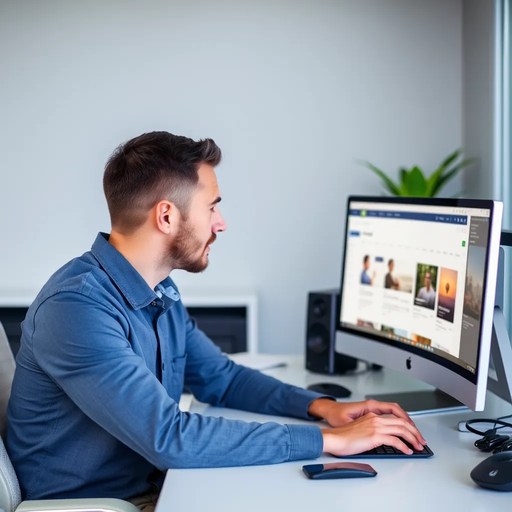 A photorealistic image of a person using a screen reader to navigate a website, with a focus on the text being read aloud and highlighted on the screen. The website should have a clean and modern design with accessible features like alt text for images and clear navigation menus.